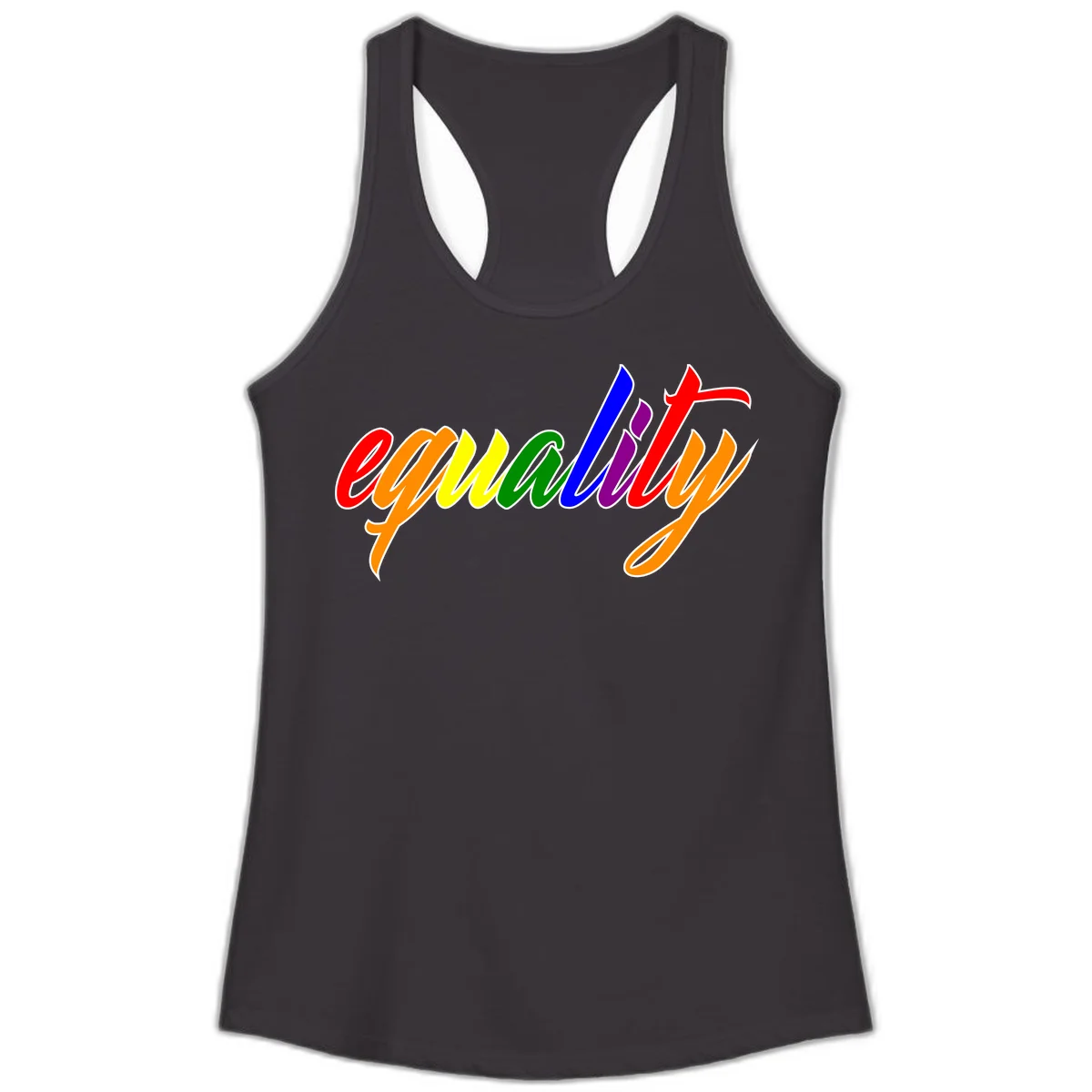 Colorful cursive word 'equality' with each letter in rainbow pride colors on gray background in Black
