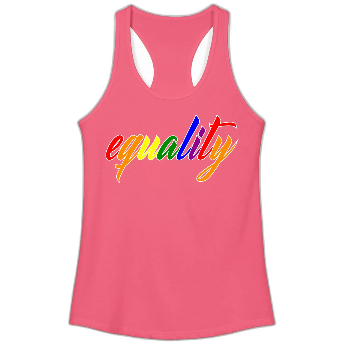 Colorful cursive word 'equality' with each letter in rainbow pride colors on gray background in Hot Pink
