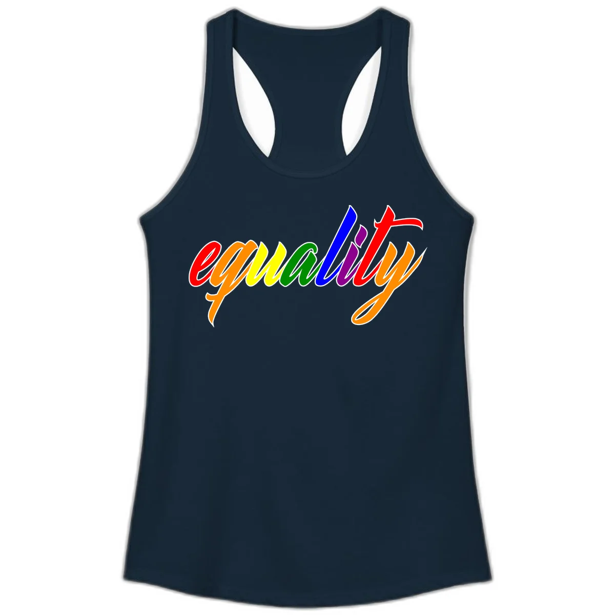 Colorful cursive word 'equality' with each letter in rainbow pride colors on gray background in Solid Midnight Navy