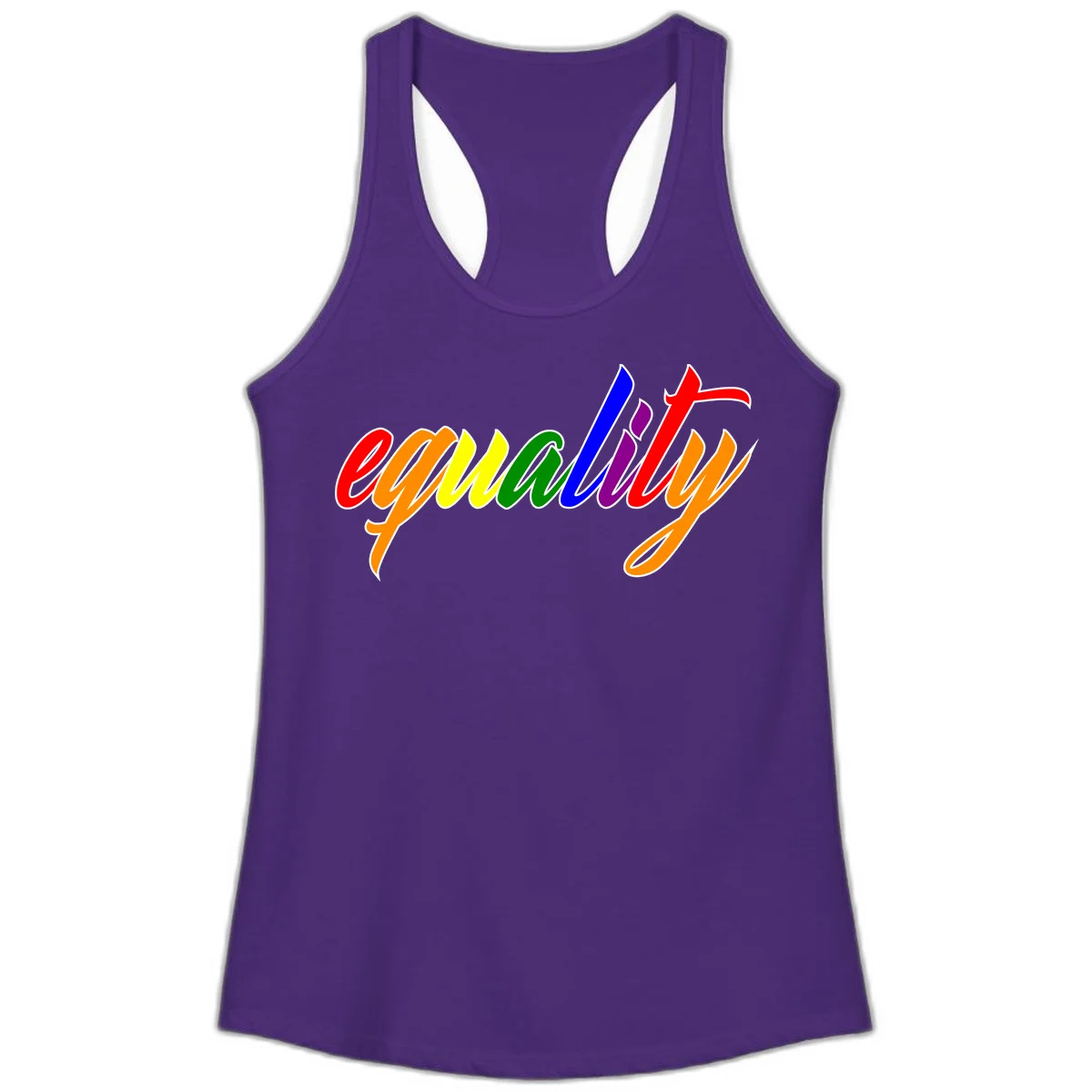 Colorful cursive word 'equality' with each letter in rainbow pride colors on gray background in Solid Purple Rush