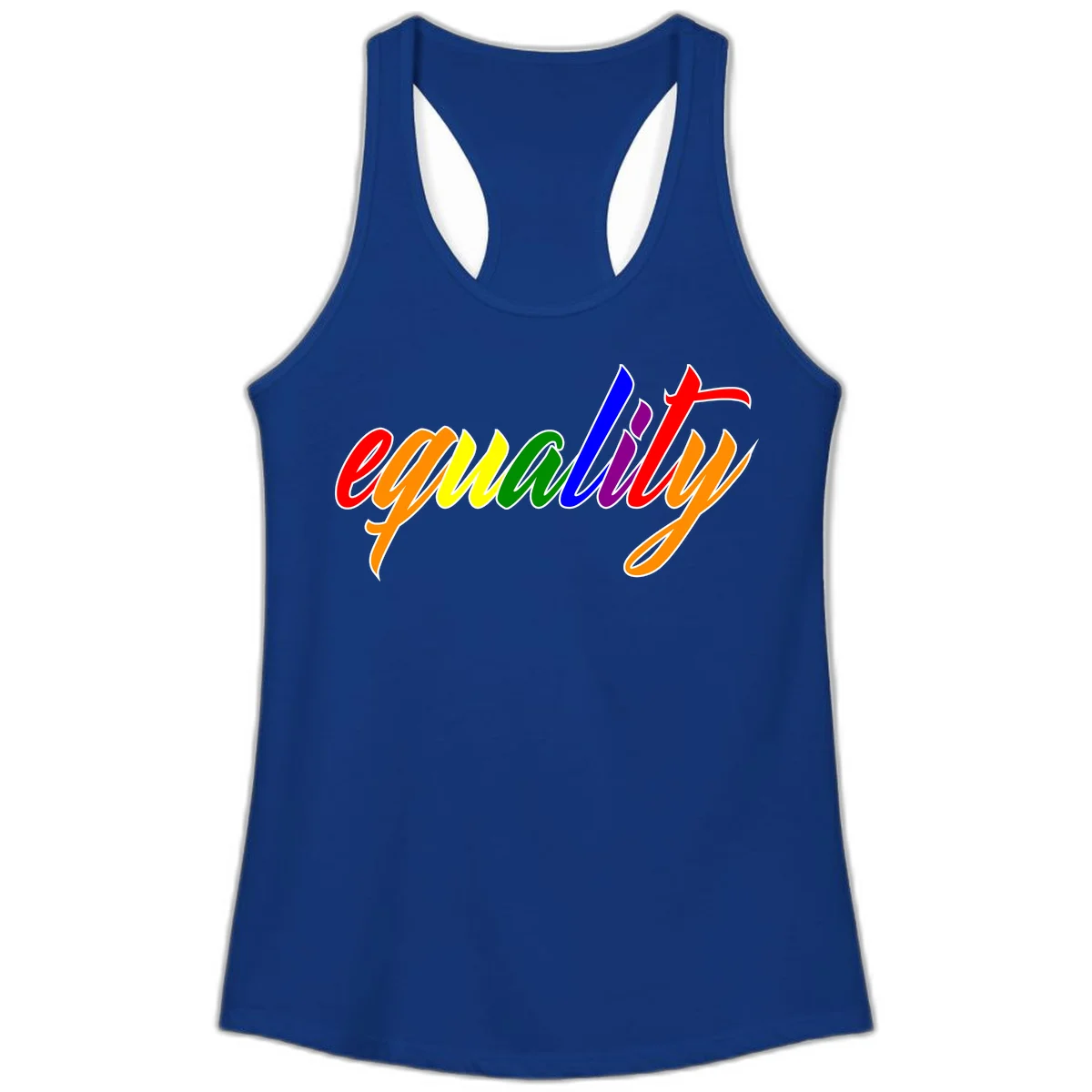 Colorful cursive word 'equality' with each letter in rainbow pride colors on gray background in Solid Royal