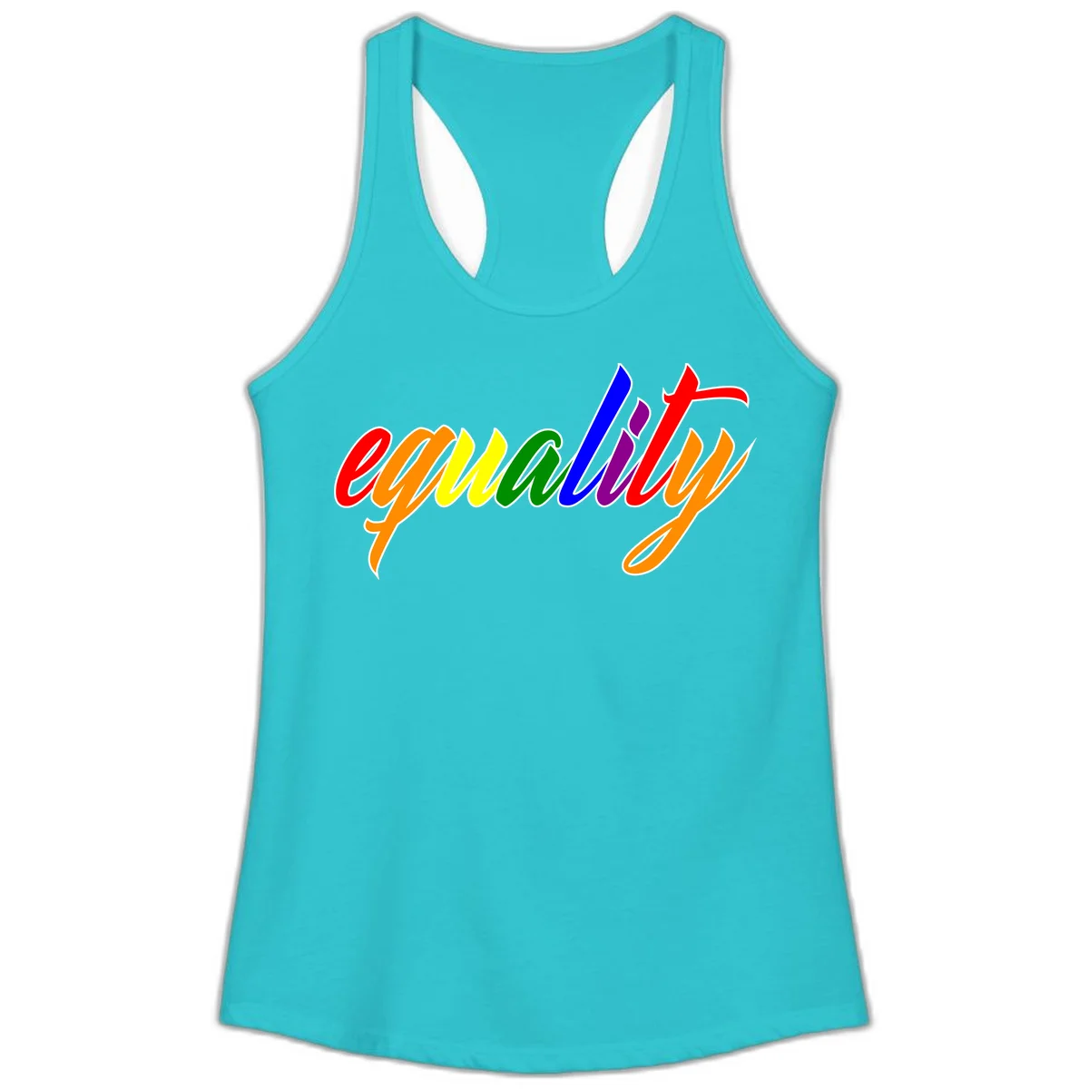Colorful cursive word 'equality' with each letter in rainbow pride colors on gray background in Solid Tahiti Blue