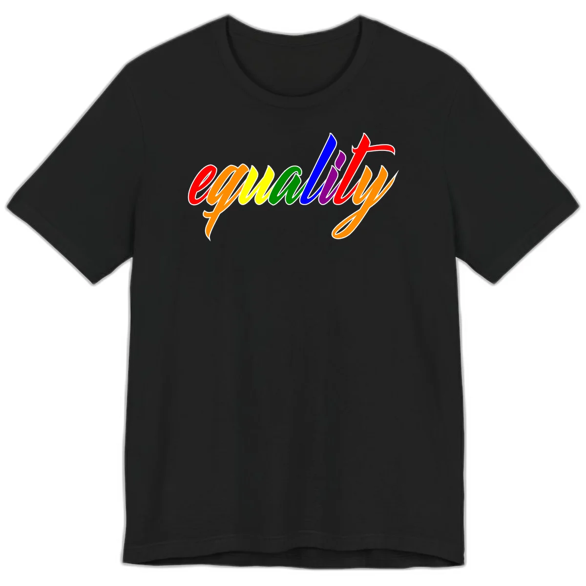 Colorful cursive word 'equality' with each letter in rainbow pride colors on gray background in Black