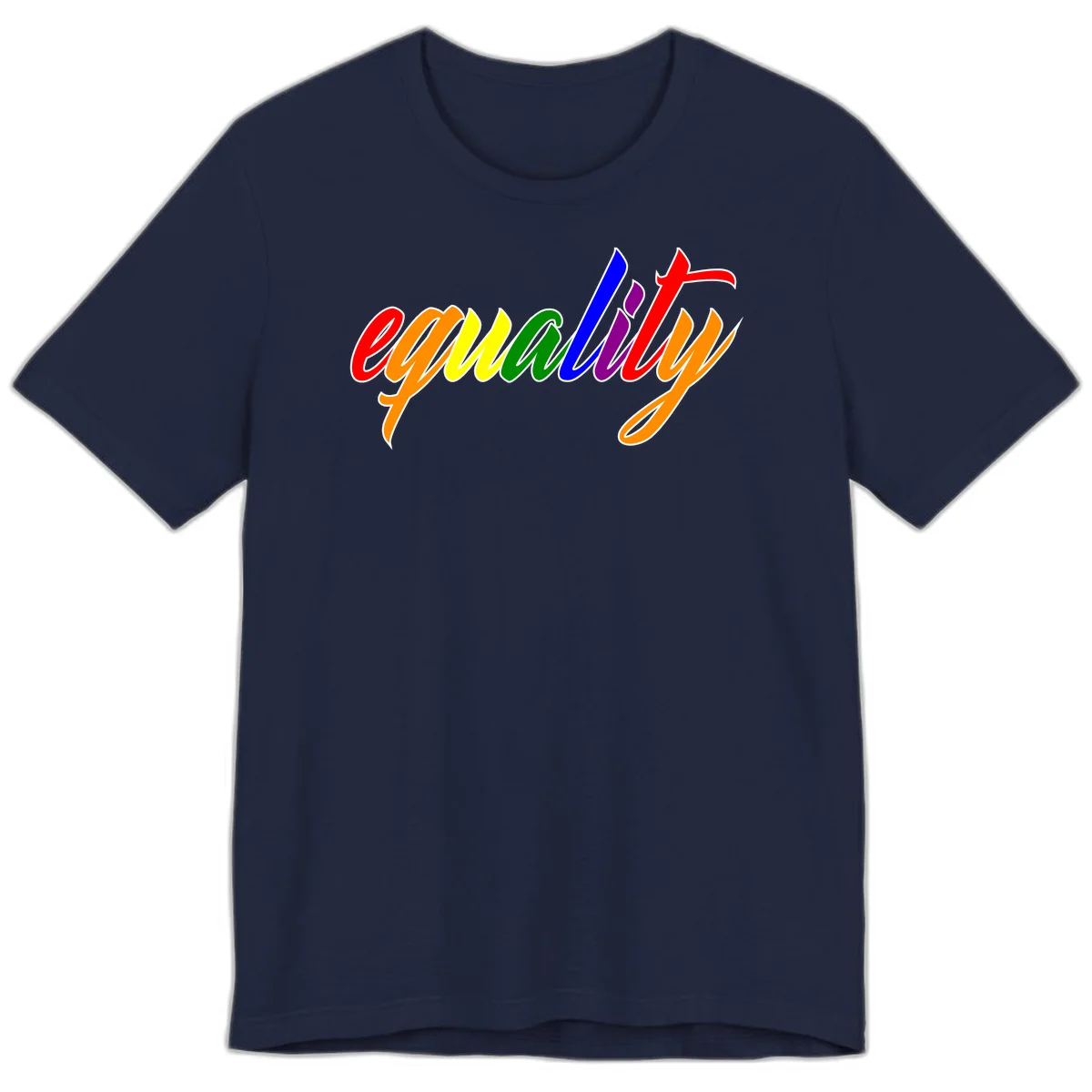Colorful cursive word 'equality' with each letter in rainbow pride colors on gray background in Navy