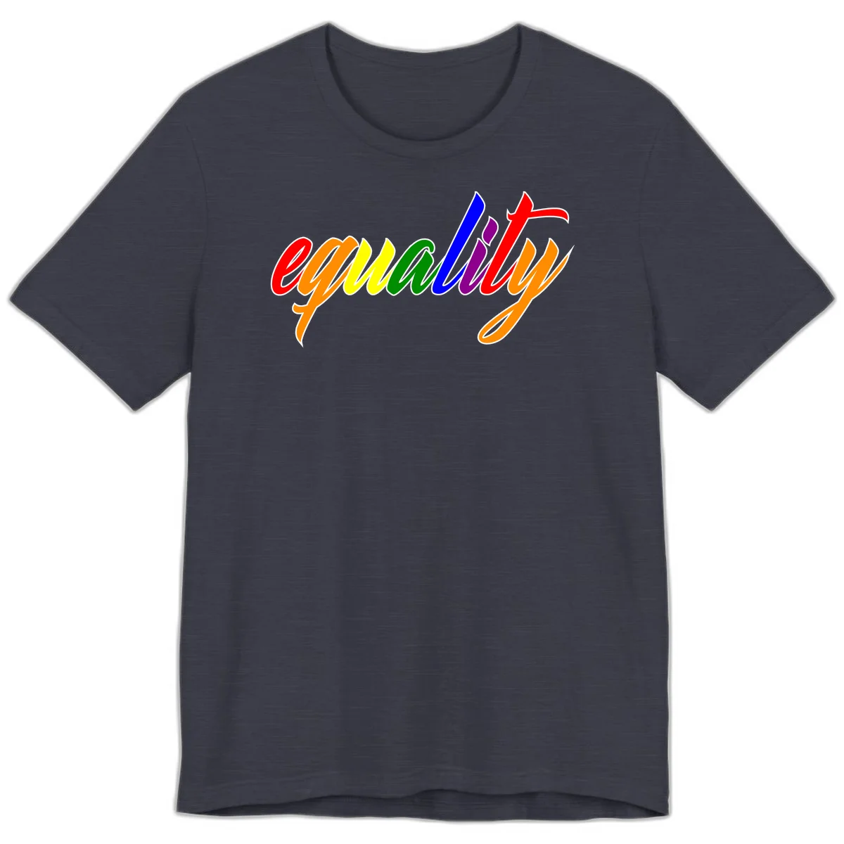 Colorful cursive word 'equality' with each letter in rainbow pride colors on gray background in Heather Midnight Navy