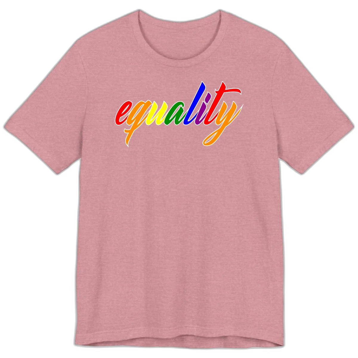 Colorful cursive word 'equality' with each letter in rainbow pride colors on gray background in Heather Orchid