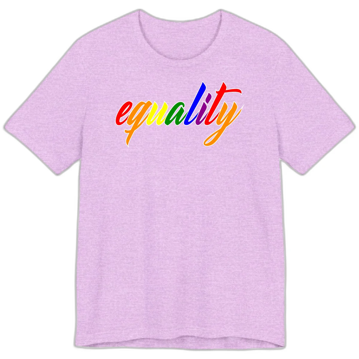 Colorful cursive word 'equality' with each letter in rainbow pride colors on gray background in Heather Prism Lilac