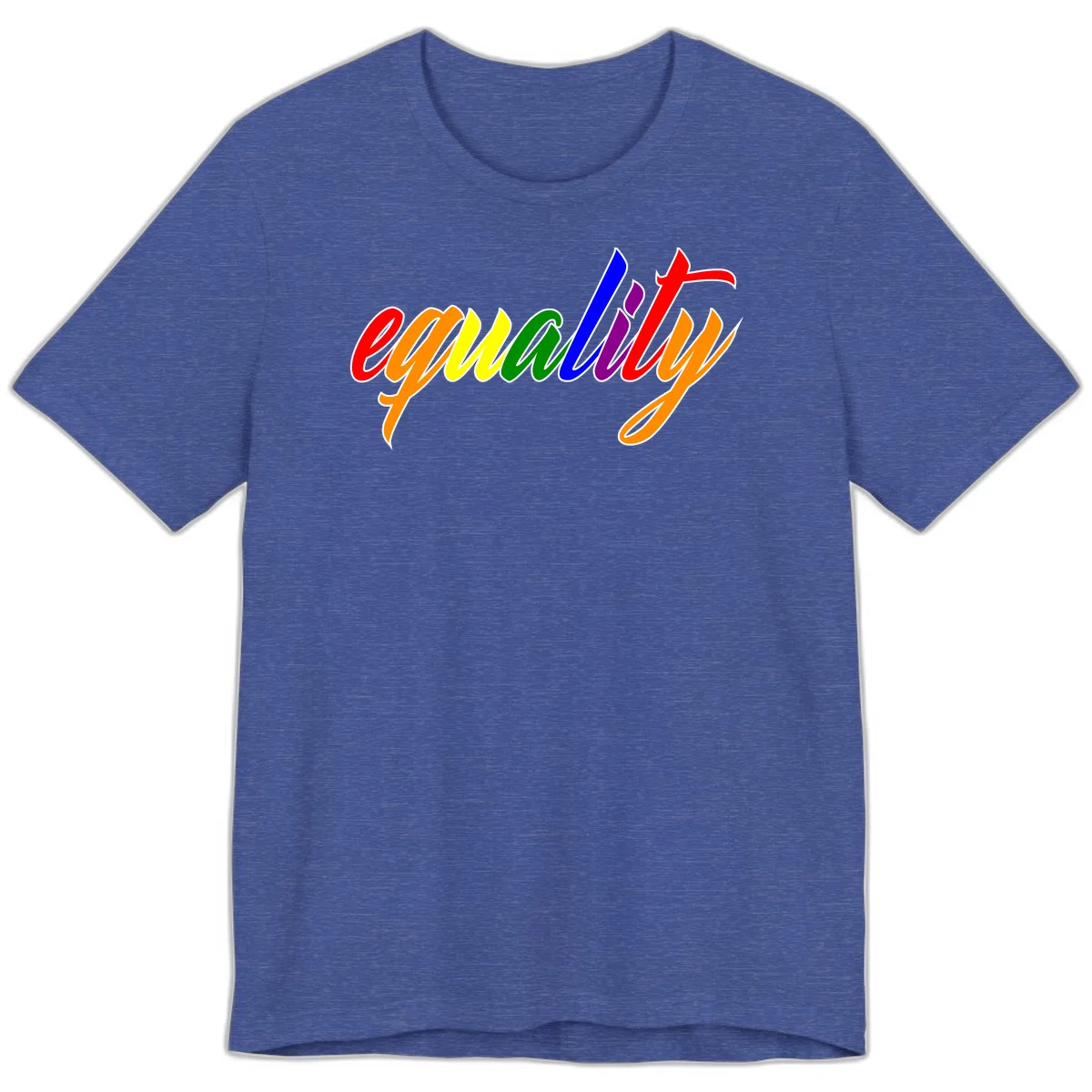 Colorful cursive word 'equality' with each letter in rainbow pride colors on gray background in Heather True Royal