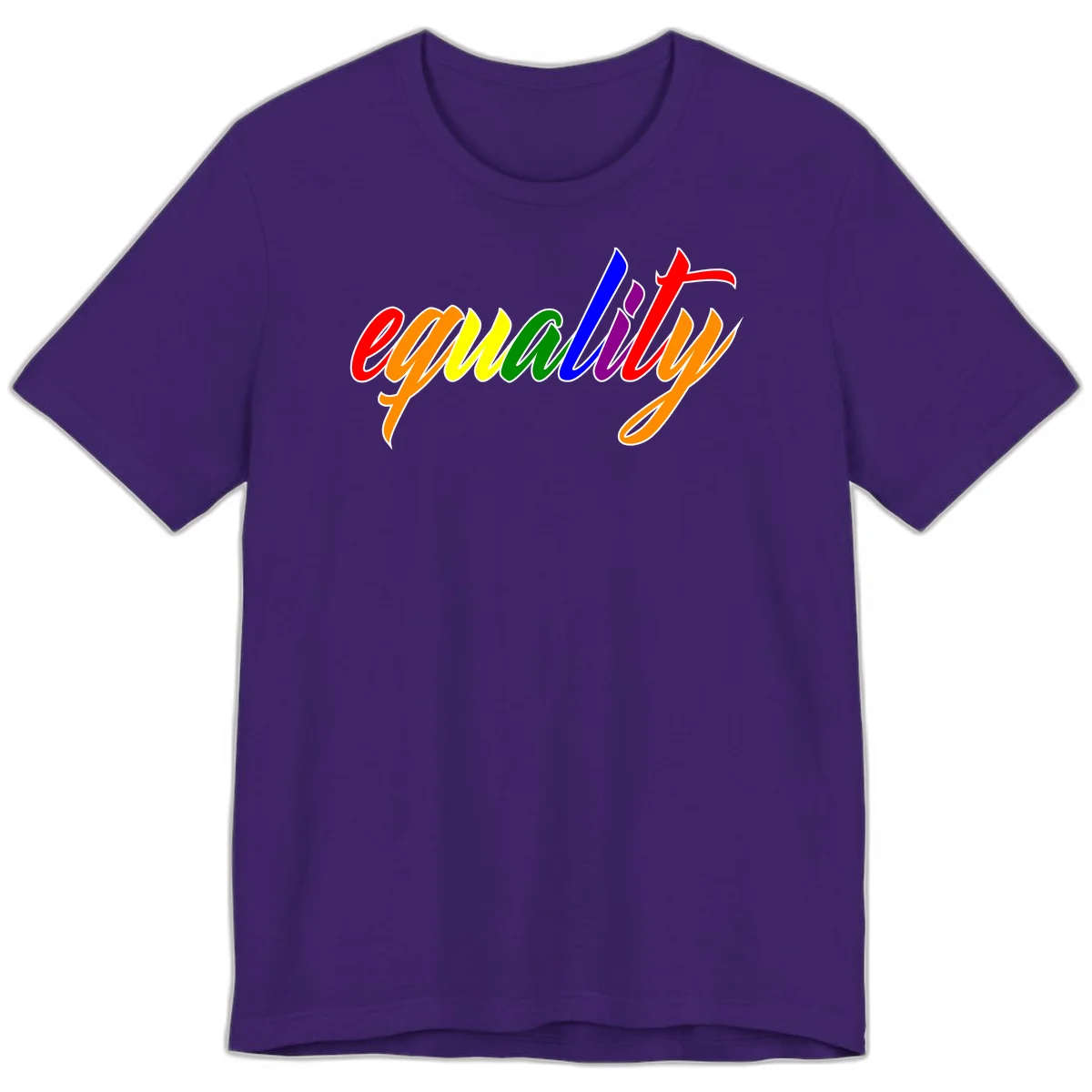Colorful cursive word 'equality' with each letter in rainbow pride colors on gray background in Team Purple