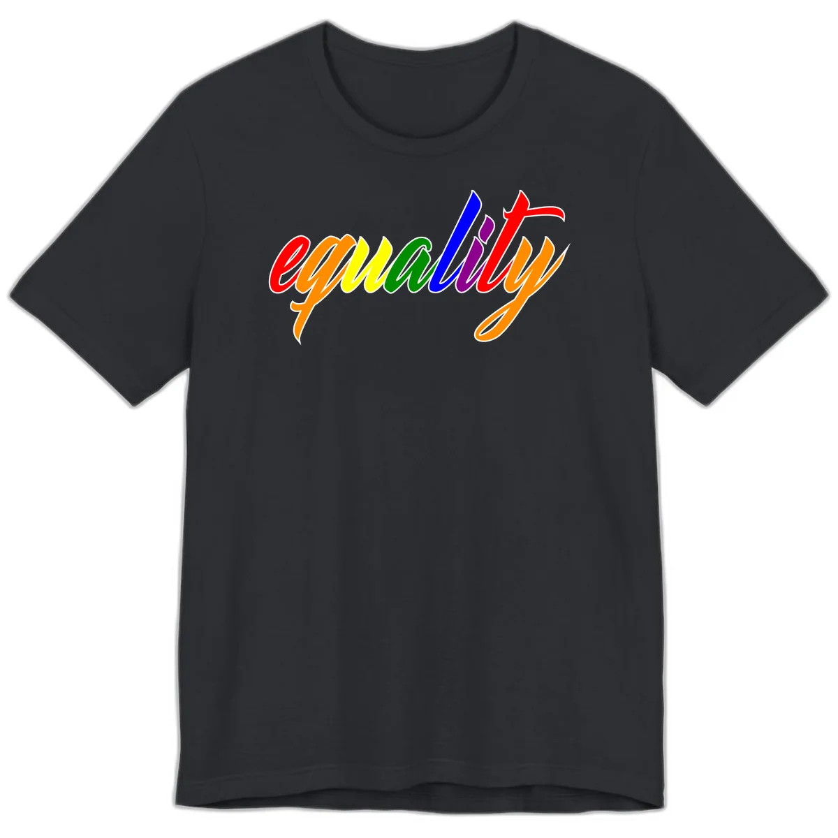 Colorful cursive word 'equality' with each letter in rainbow pride colors on gray background in Vintage Black