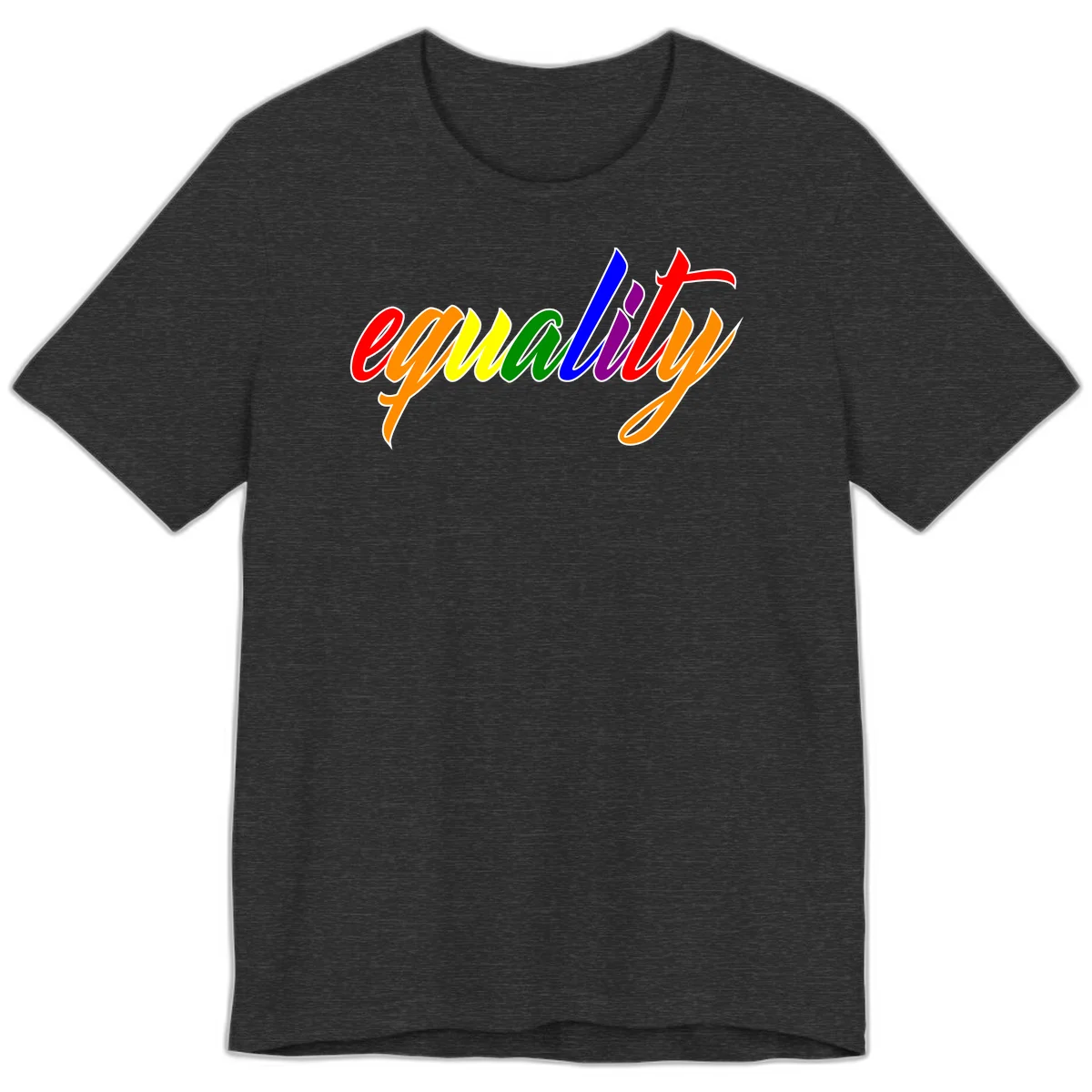 Colorful cursive word 'equality' with each letter in rainbow pride colors on gray background in Dark Grey Heather