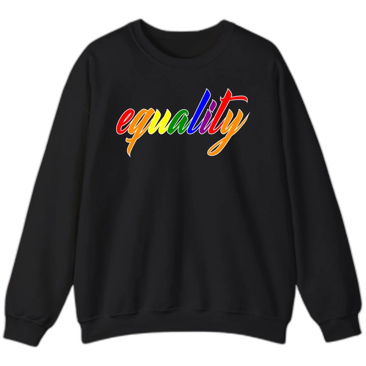 Colorful cursive word 'equality' with each letter in rainbow pride colors on gray background in Black