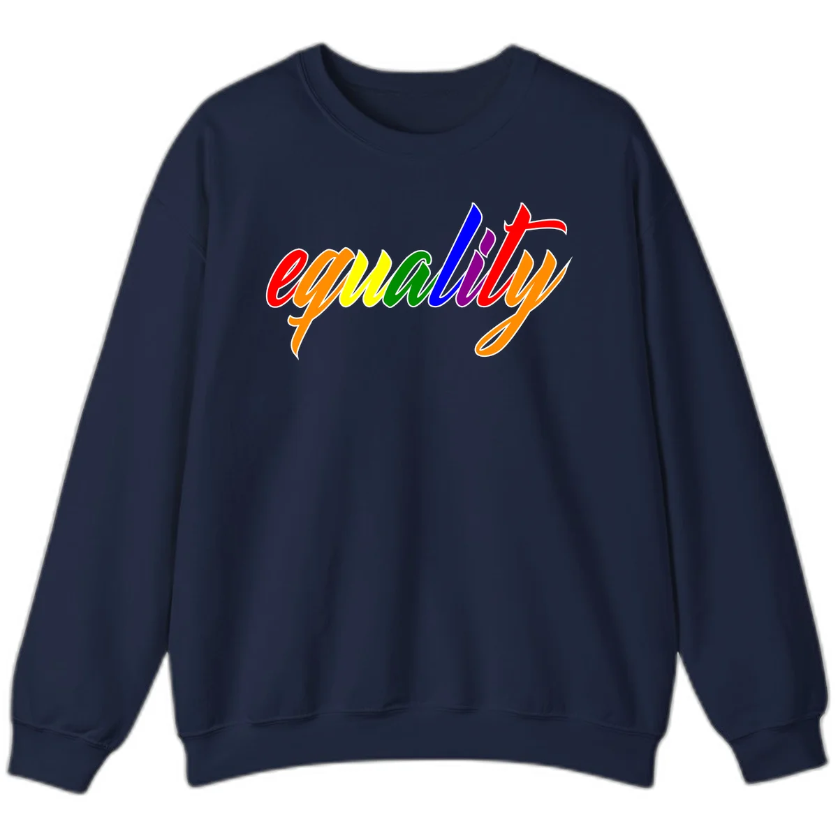 Colorful cursive word 'equality' with each letter in rainbow pride colors on gray background in Navy