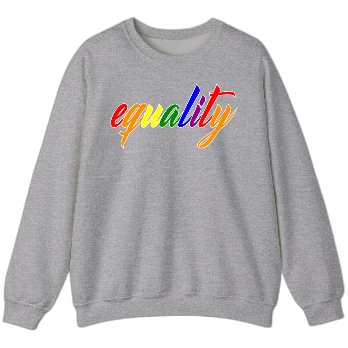 Colorful cursive word 'equality' with each letter in rainbow pride colors on gray background in Sport Grey