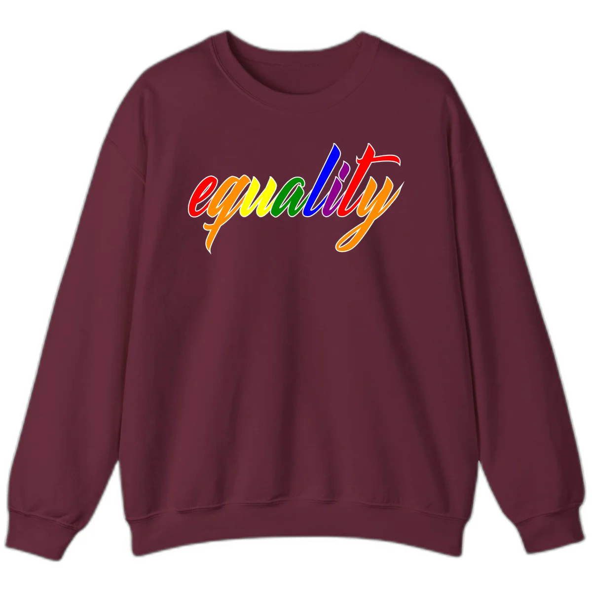 Colorful cursive word 'equality' with each letter in rainbow pride colors on gray background in Maroon