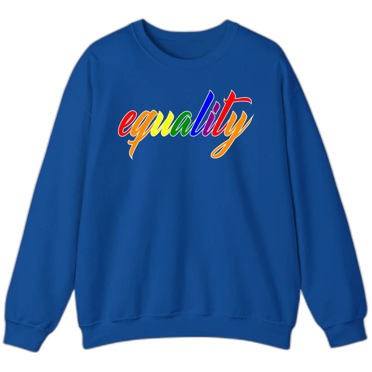 Colorful cursive word 'equality' with each letter in rainbow pride colors on gray background in Royal
