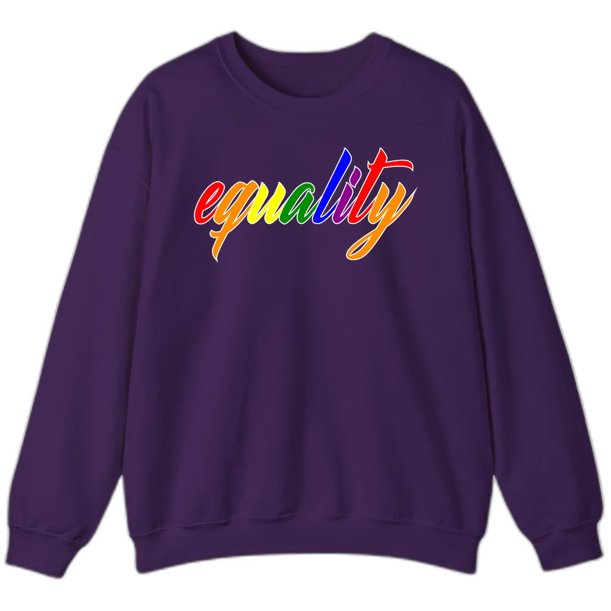 Colorful cursive word 'equality' with each letter in rainbow pride colors on gray background in Purple