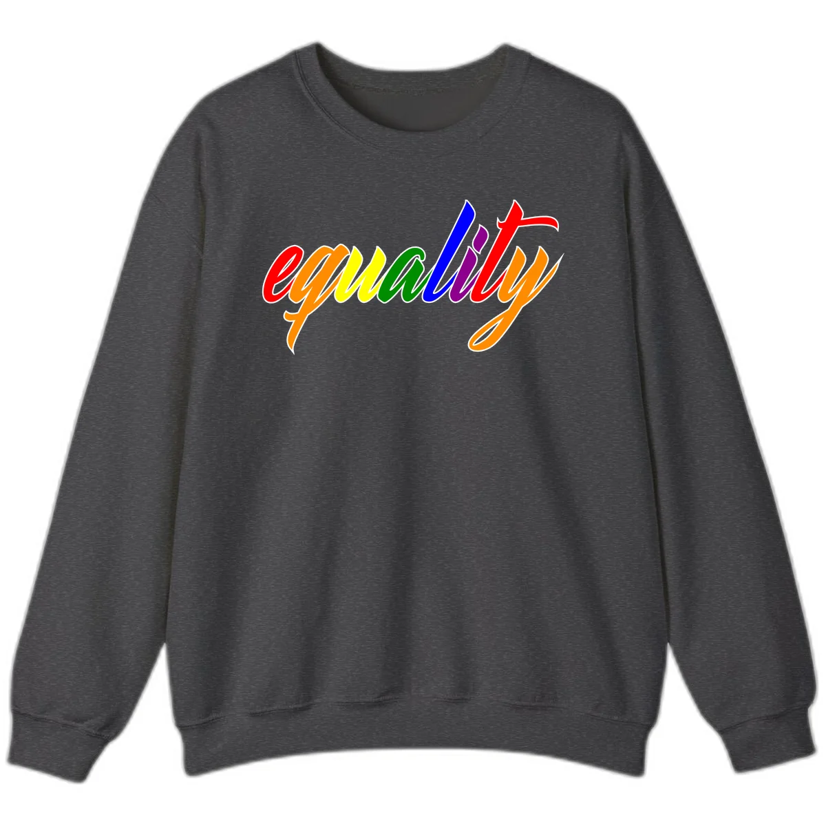 Colorful cursive word 'equality' with each letter in rainbow pride colors on gray background in Dark Heather