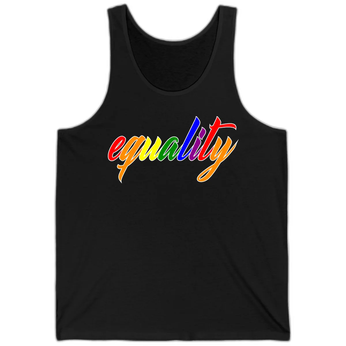 Colorful cursive word 'equality' with each letter in rainbow pride colors on gray background in Black