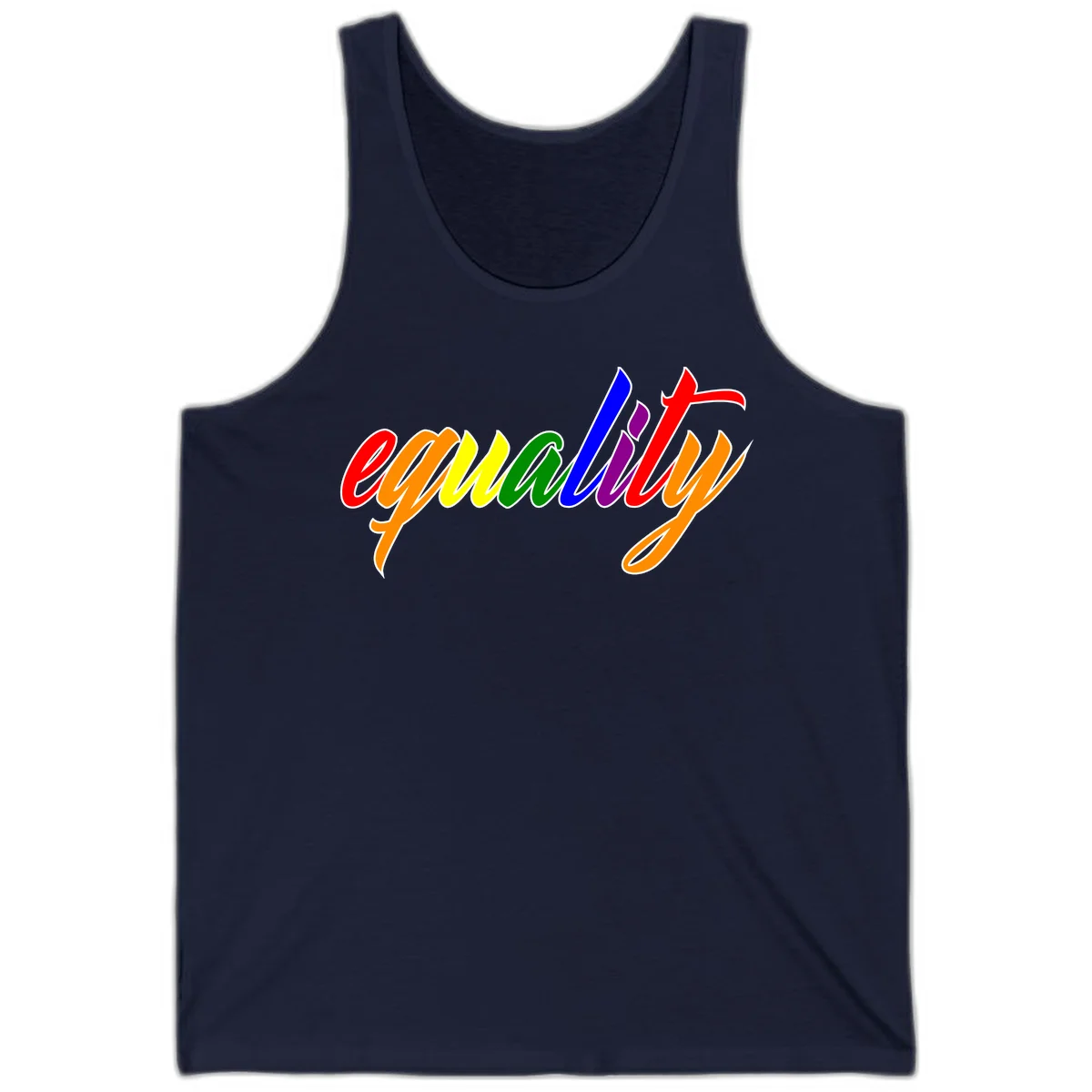 Colorful cursive word 'equality' with each letter in rainbow pride colors on gray background in Navy