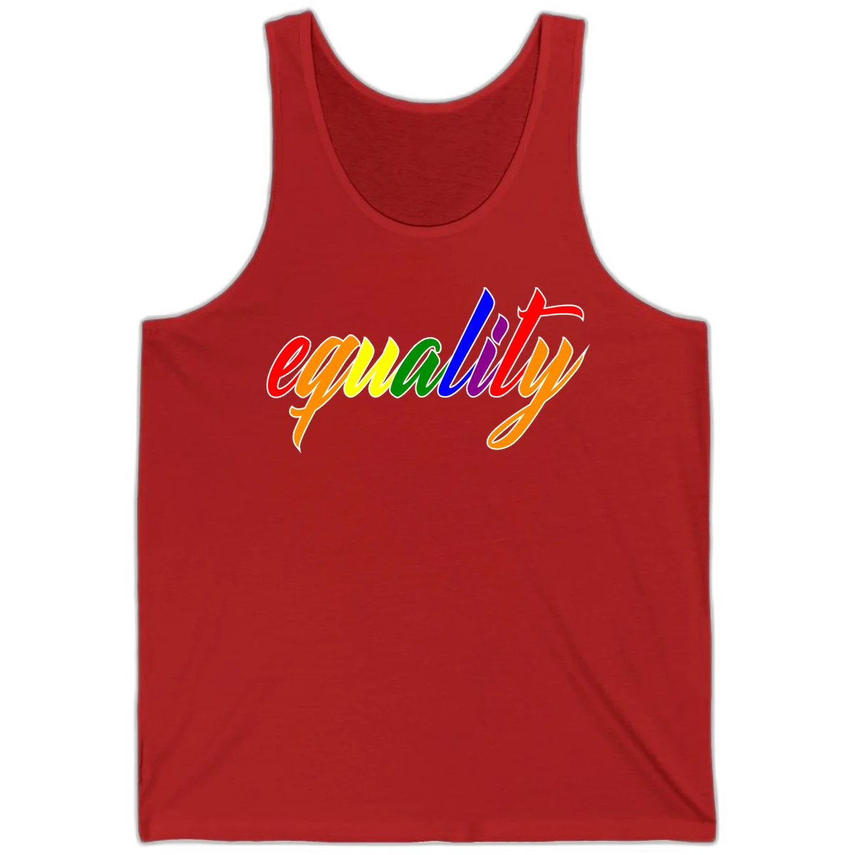 Colorful cursive word 'equality' with each letter in rainbow pride colors on gray background in Red
