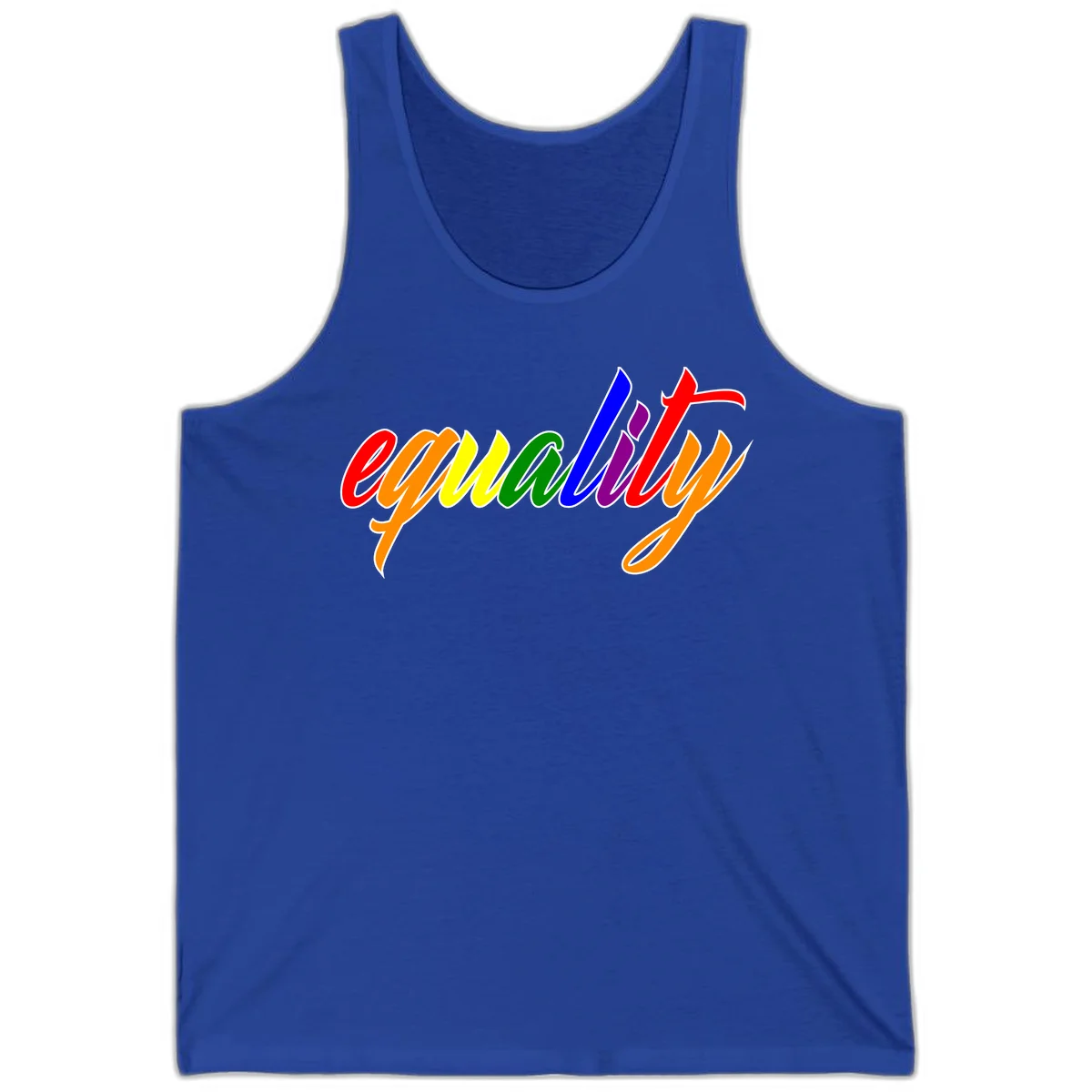 Colorful cursive word 'equality' with each letter in rainbow pride colors on gray background in True Royal