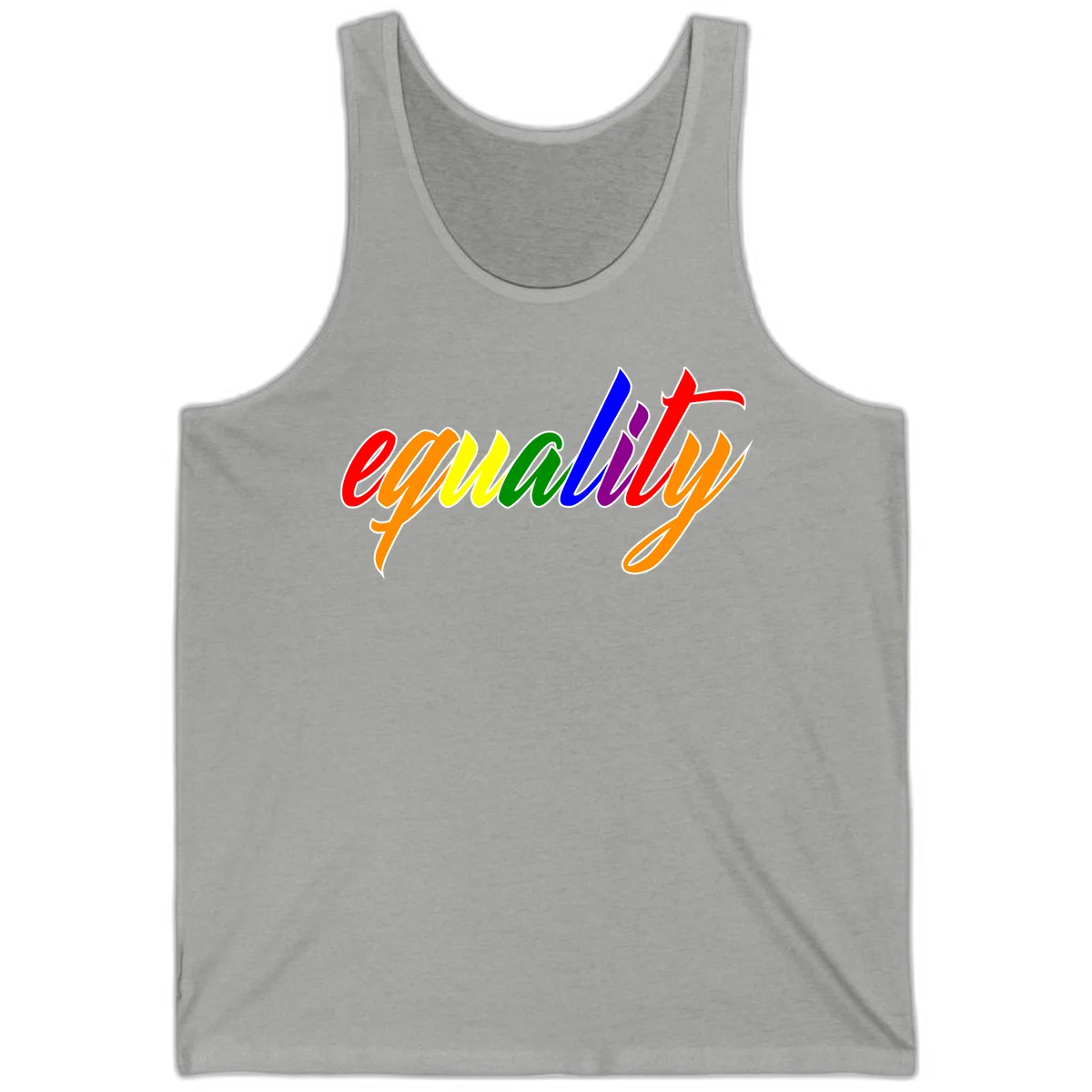 Colorful cursive word 'equality' with each letter in rainbow pride colors on gray background in Athletic Heather
