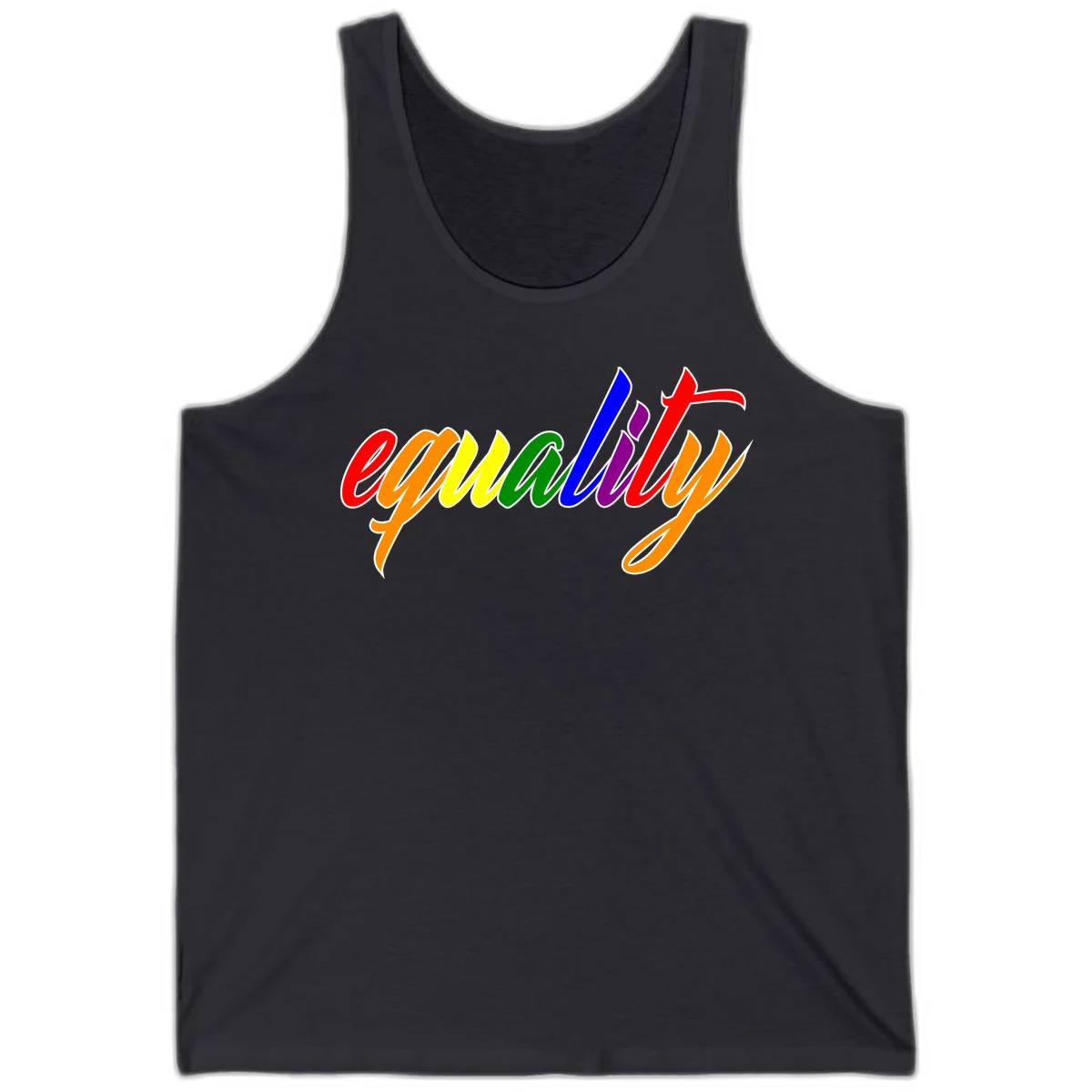 Colorful cursive word 'equality' with each letter in rainbow pride colors on gray background in Dark Grey