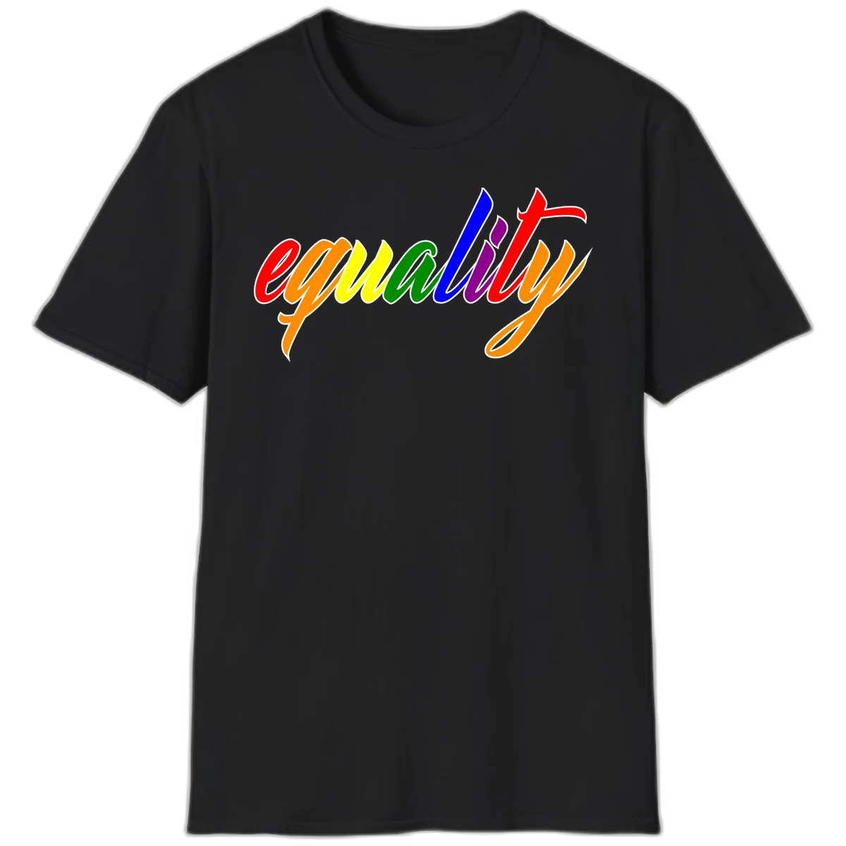 Colorful cursive word 'equality' with each letter in rainbow pride colors on gray background in Black