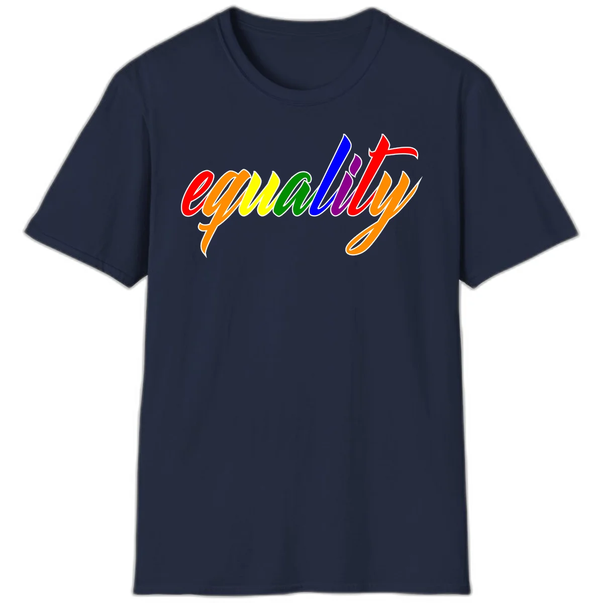 Colorful cursive word 'equality' with each letter in rainbow pride colors on gray background in Navy