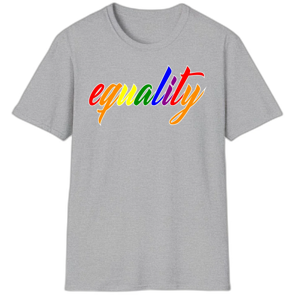 Colorful cursive word 'equality' with each letter in rainbow pride colors on gray background in Sport Grey