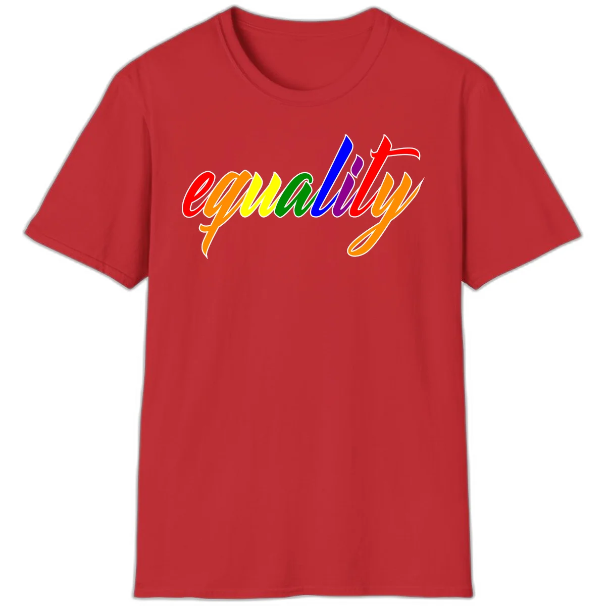 Colorful cursive word 'equality' with each letter in rainbow pride colors on gray background in Red