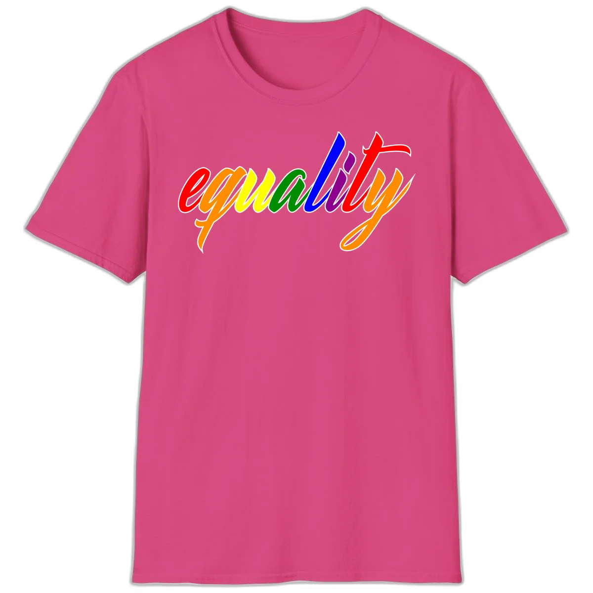 Colorful cursive word 'equality' with each letter in rainbow pride colors on gray background in Heliconia