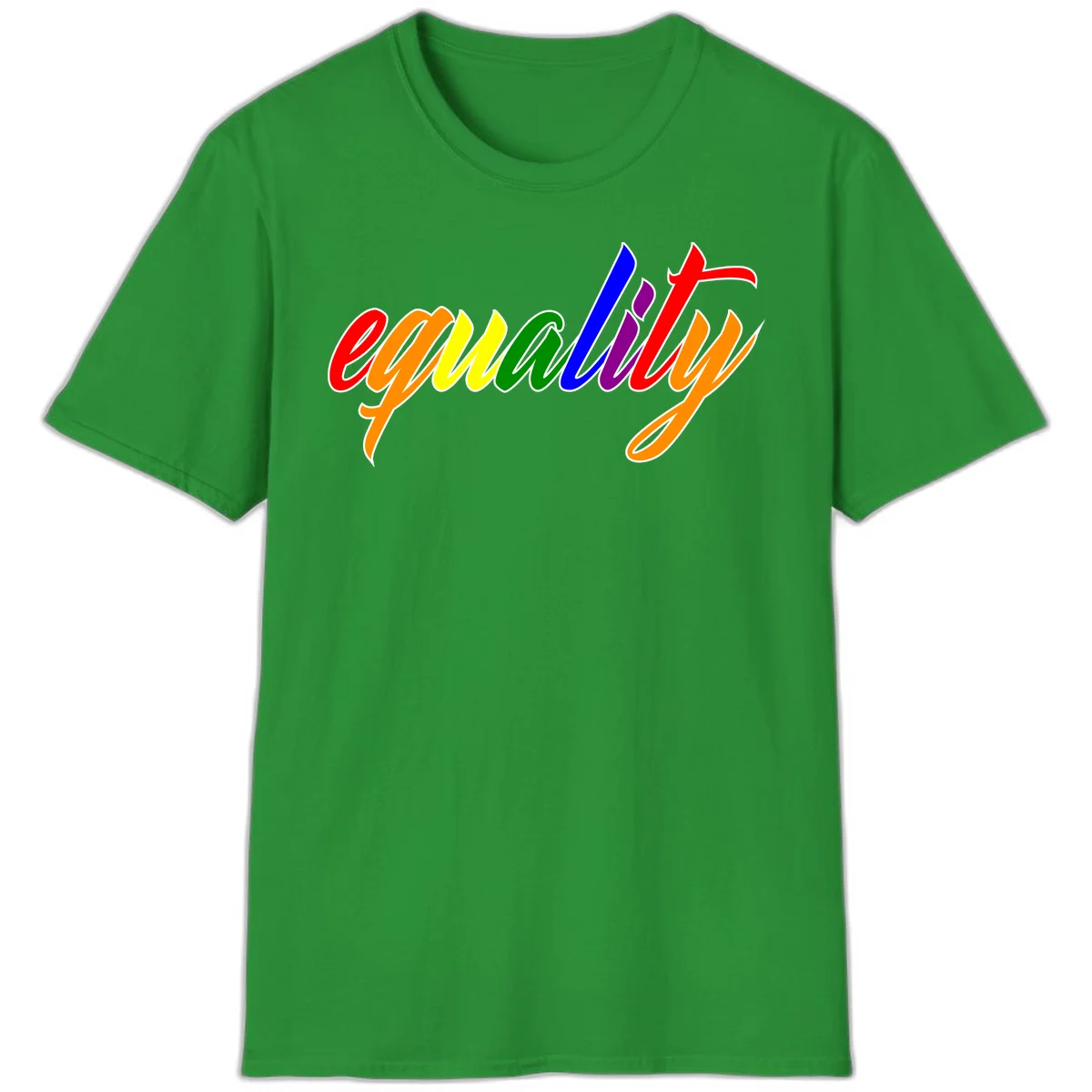 Colorful cursive word 'equality' with each letter in rainbow pride colors on gray background in Irish Green