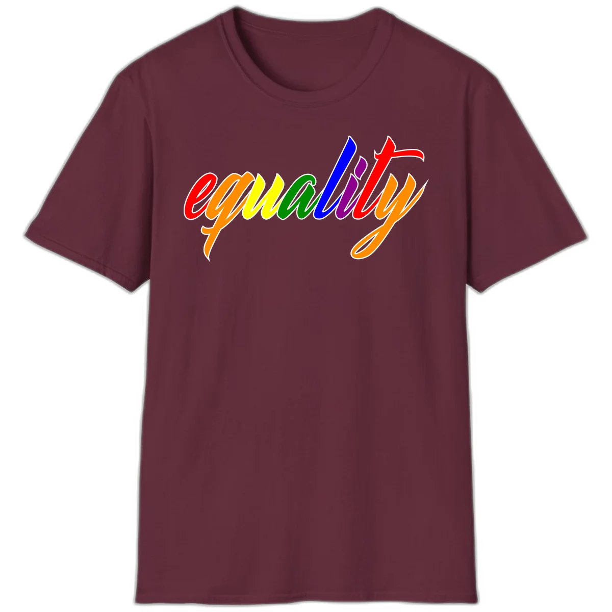 Colorful cursive word 'equality' with each letter in rainbow pride colors on gray background in Maroon