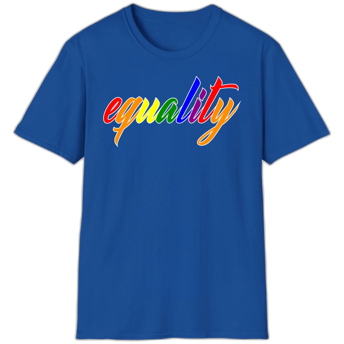 Colorful cursive word 'equality' with each letter in rainbow pride colors on gray background in Royal
