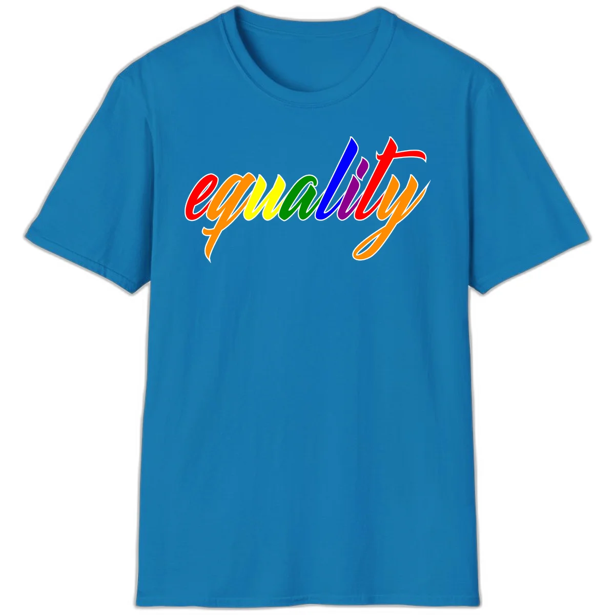 Colorful cursive word 'equality' with each letter in rainbow pride colors on gray background in Sapphire