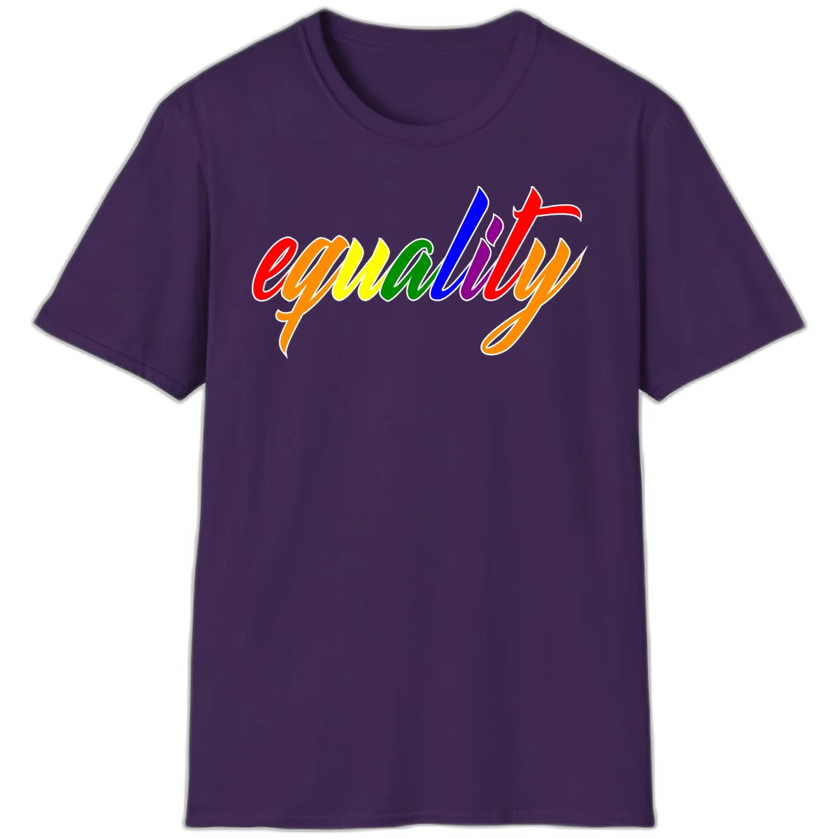 Colorful cursive word 'equality' with each letter in rainbow pride colors on gray background in Purple