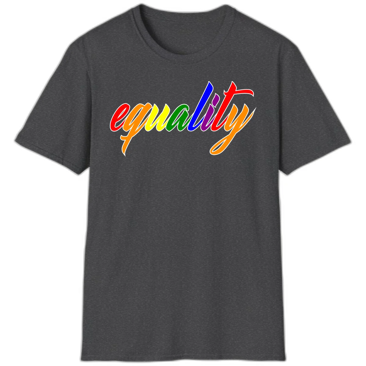Colorful cursive word 'equality' with each letter in rainbow pride colors on gray background in Dark Heather
