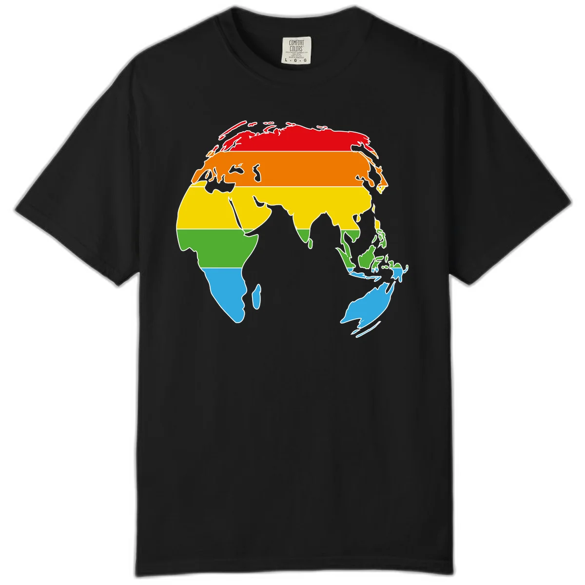 Map of Asia divided into five colored climate zones: red, orange, yellow, green, and blue bands representing different temperature and precipitation regions. in Black