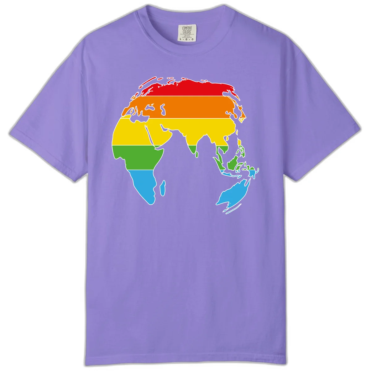 Map of Asia divided into five colored climate zones: red, orange, yellow, green, and blue bands representing different temperature and precipitation regions. in Violet