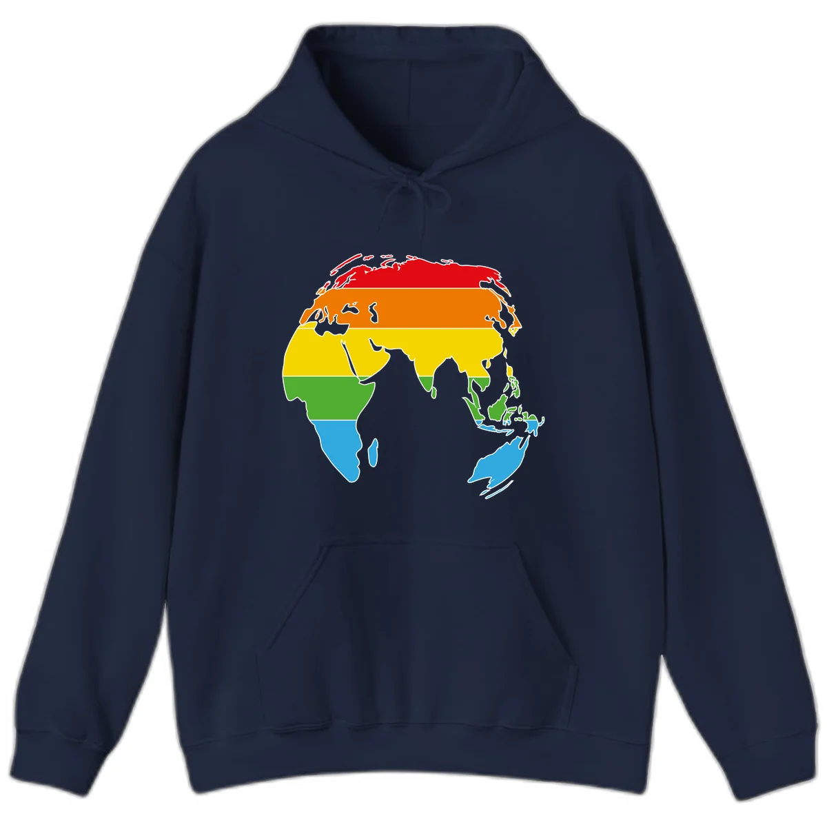 Map of Asia divided into five colored climate zones: red, orange, yellow, green, and blue bands representing different temperature and precipitation regions. in Navy