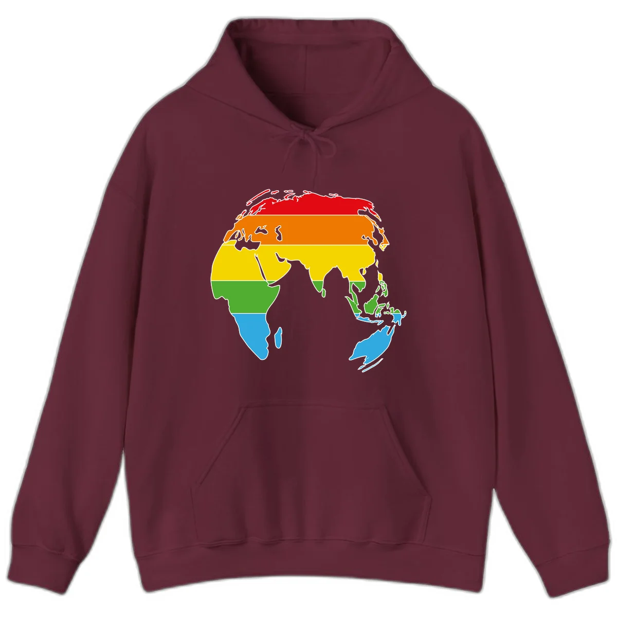 Map of Asia divided into five colored climate zones: red, orange, yellow, green, and blue bands representing different temperature and precipitation regions. in Maroon