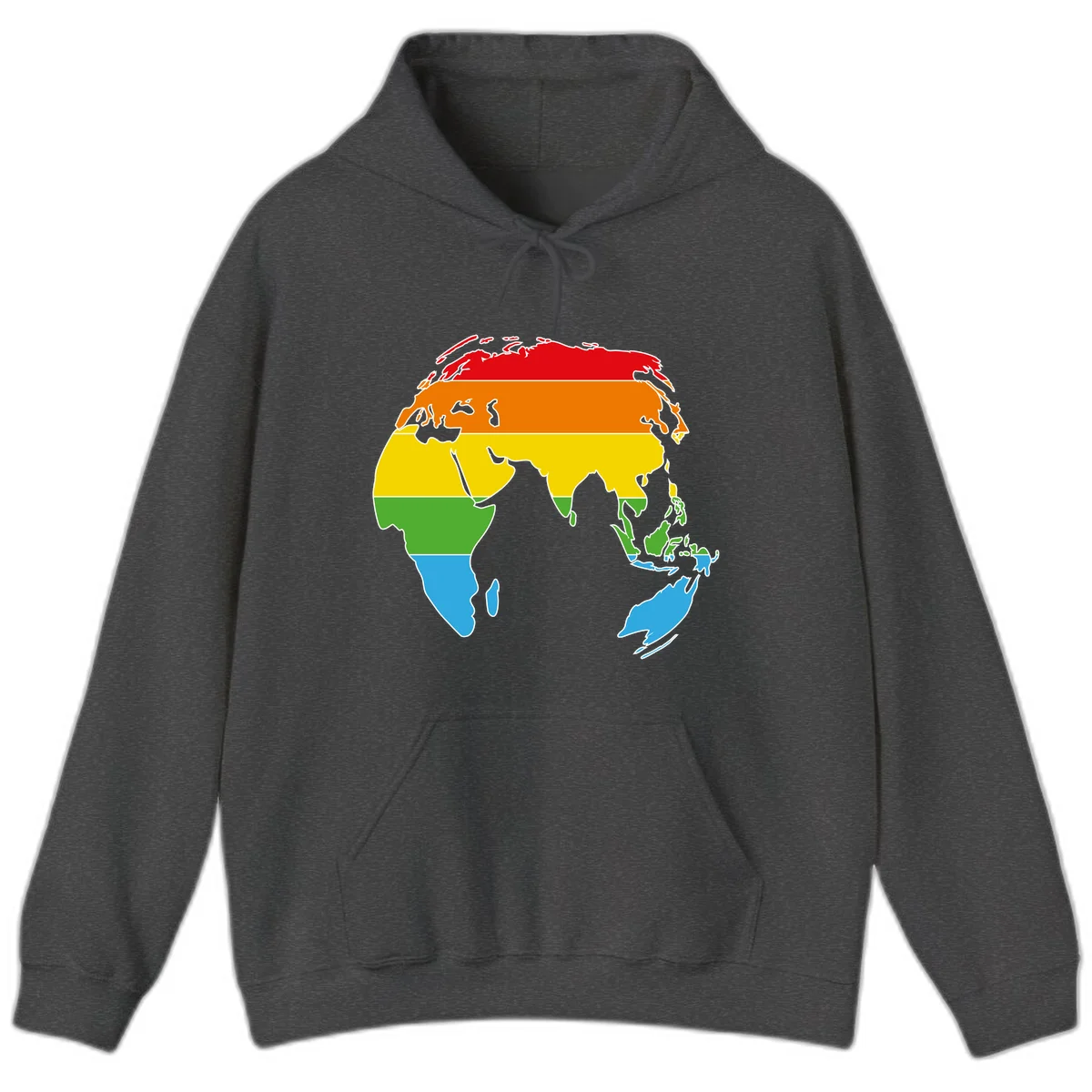 Map of Asia divided into five colored climate zones: red, orange, yellow, green, and blue bands representing different temperature and precipitation regions. in Dark Heather