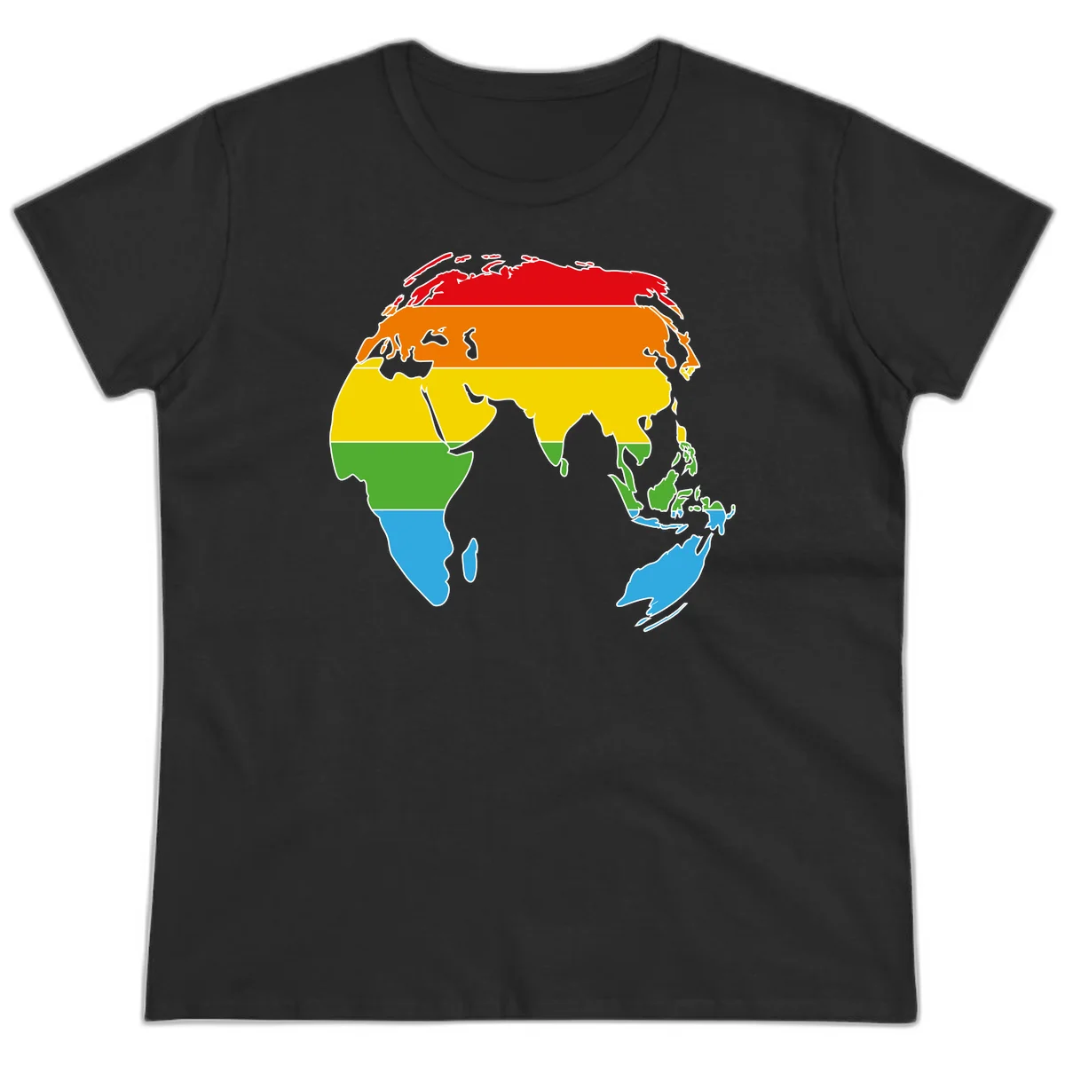 Map of Asia divided into five colored climate zones: red, orange, yellow, green, and blue bands representing different temperature and precipitation regions. in Black