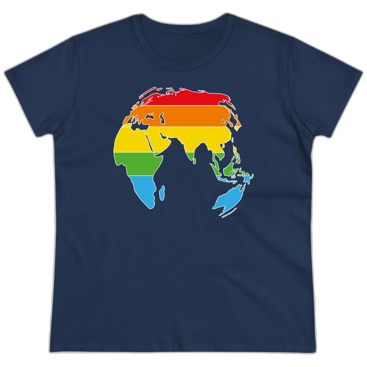 Map of Asia divided into five colored climate zones: red, orange, yellow, green, and blue bands representing different temperature and precipitation regions. in Navy