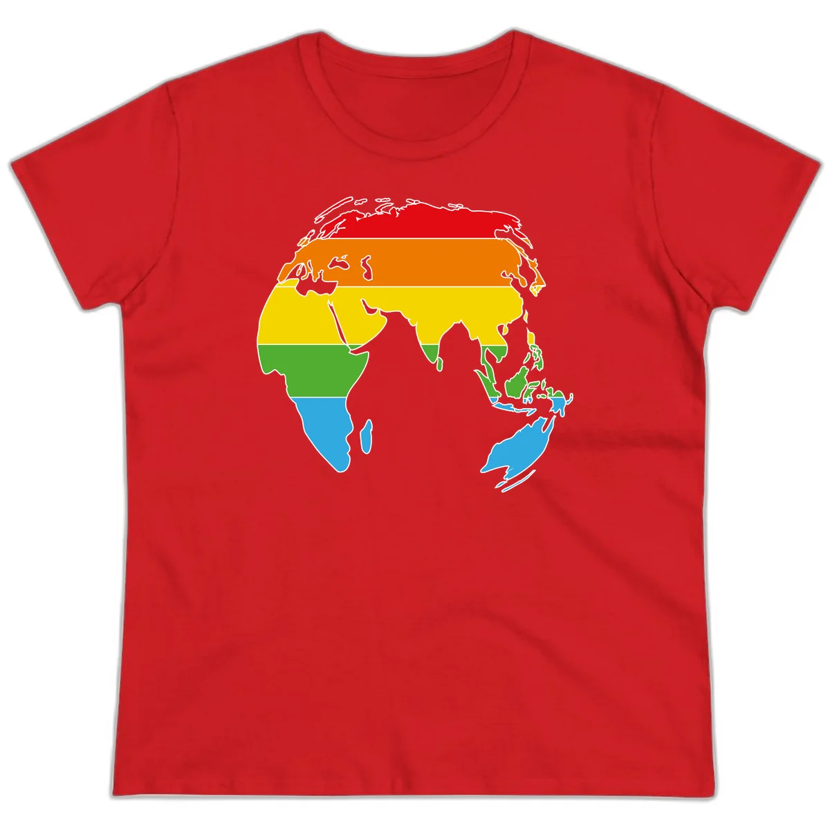 Map of Asia divided into five colored climate zones: red, orange, yellow, green, and blue bands representing different temperature and precipitation regions. in Red