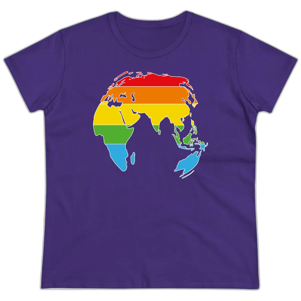 Map of Asia divided into five colored climate zones: red, orange, yellow, green, and blue bands representing different temperature and precipitation regions. in Purple