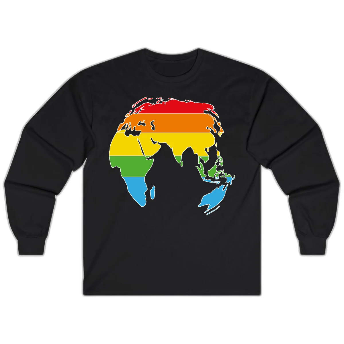 Map of Asia divided into five colored climate zones: red, orange, yellow, green, and blue bands representing different temperature and precipitation regions. in Black