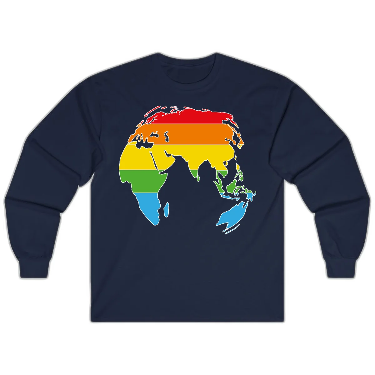 Map of Asia divided into five colored climate zones: red, orange, yellow, green, and blue bands representing different temperature and precipitation regions. in Navy